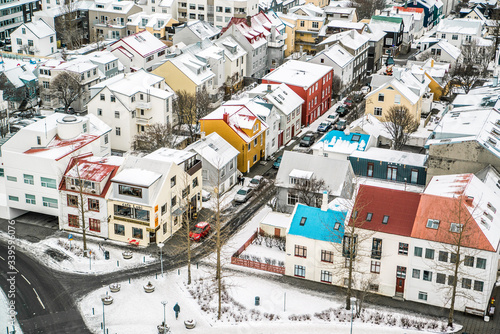 aerial view of colorful city covered in snow Reykjavik, Iceland