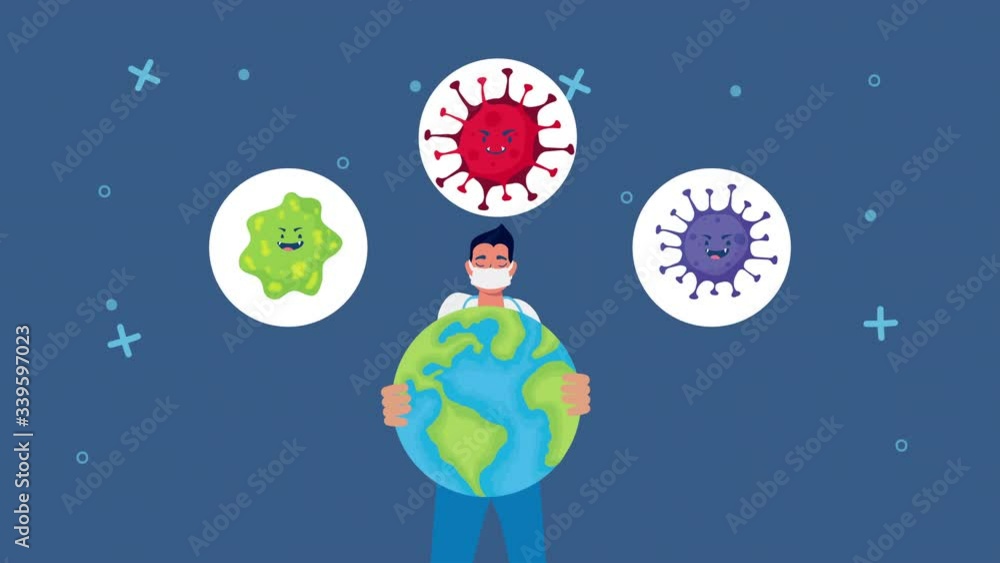 doctor lifting world planet covid19 particles characters doctor lifting world planet covid19 particles characters
