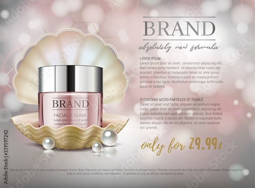 Premium VIP cosmetic ads, hydrating luxury facial cream for sale. Elegant soft pink color cream mask bottle in shell isolated on glitter sparkles with pearls, gloss effect. 3D realistic vector