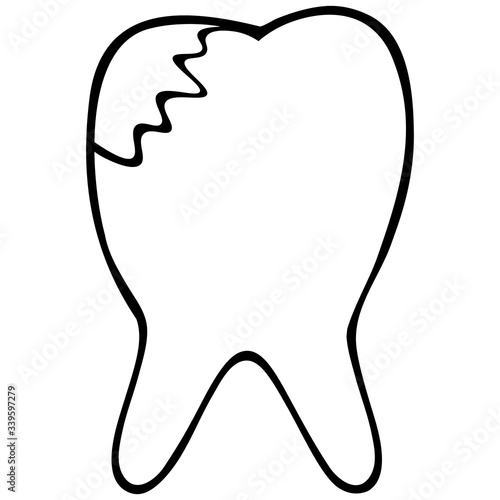 Tooth with crack icon. Vector illustration. Contour on an isolated background. Dental care. Medical topics. Sketch. Doodle style. Hand-drawn. Illustration for web design.
