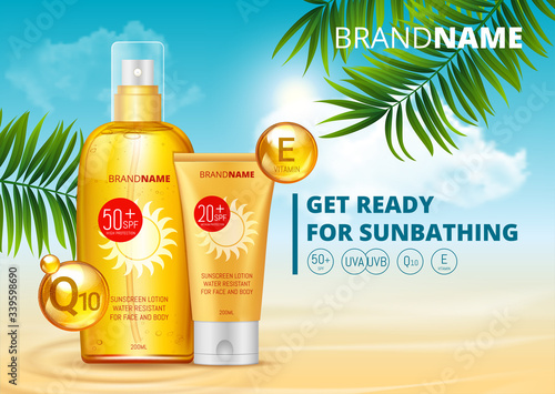 Sunblock ads template, sun protection, sunscreen and sunbath cosmetic products design face and body lotion with Coenzym Q10 and vitamin E on palm beach summer background. SPF and UV protect. vector