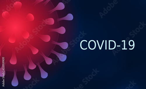 Close up of red coronavirus on dark background with text covid-19