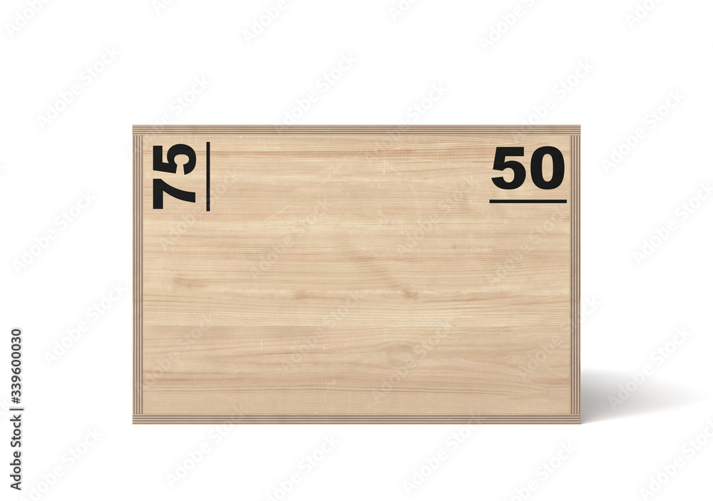 3d rendering of light brown crossfit box with black size markers and handle holes, standing on white background.