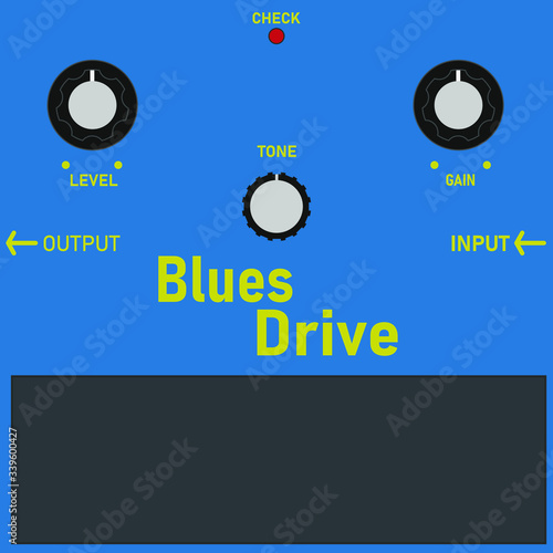 Blue vintage overdrive style guitar stomp box effect, graphic design, tee print stamp. t-shirt artwork. Match the blue background.	