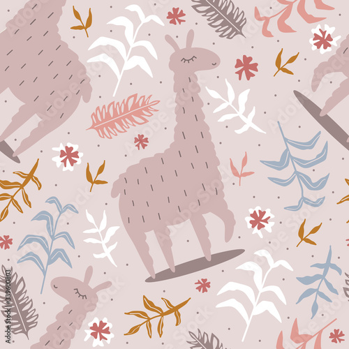 Lamas, plants, hand drawn backdrop. Colorful seamless pattern with animals. Decorative cute wallpaper, good for printing. Overlapping background vector, happy alpacas. Llama
