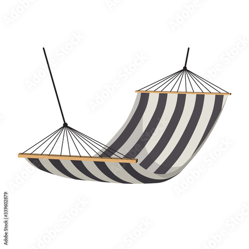 A hammock with a striped pattern. Suspended fabric sunbed for sleeping and relaxing. Vector illustration in a simple style isolated on a white background for design and web.