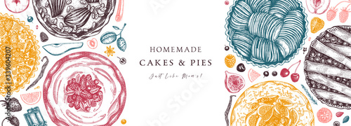 Berries cakes and pies banner. Hand drawn baking cakes, pies and fresh berries design in color. Homemade summer dessert recipe book template. 