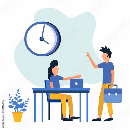 The young woman sat at a desk with a computer and her boss came to discuss and give the assignment. Office business concept. Modern vector illustration.