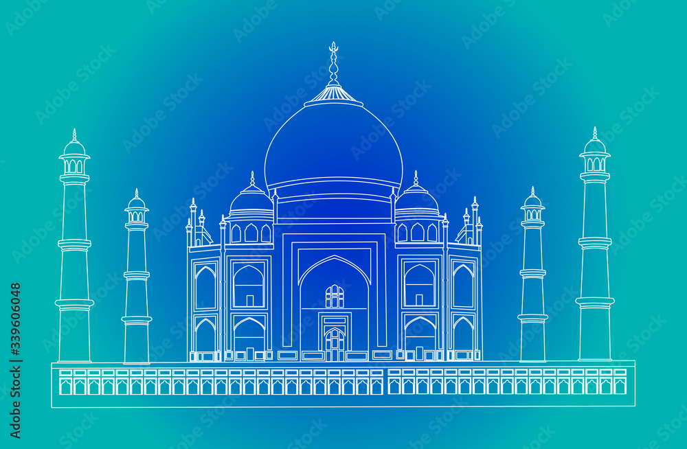 Taj Mahal of India using white lines on blue background