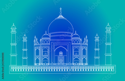 Taj Mahal of India using white lines on blue background