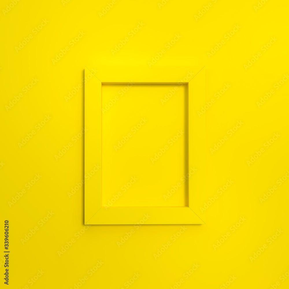 Yellow frame on yellow background 3d rendering. 3d illustration Modern picture frame, Empty yellow border frame, Blank picture frame on yellow wall template minimal concept. Yellow frame on yellow background 3d rendering. 3d illustration Modern picture frame, Empty yellow border frame, Blank picture frame on yellow wall template minimal concept.