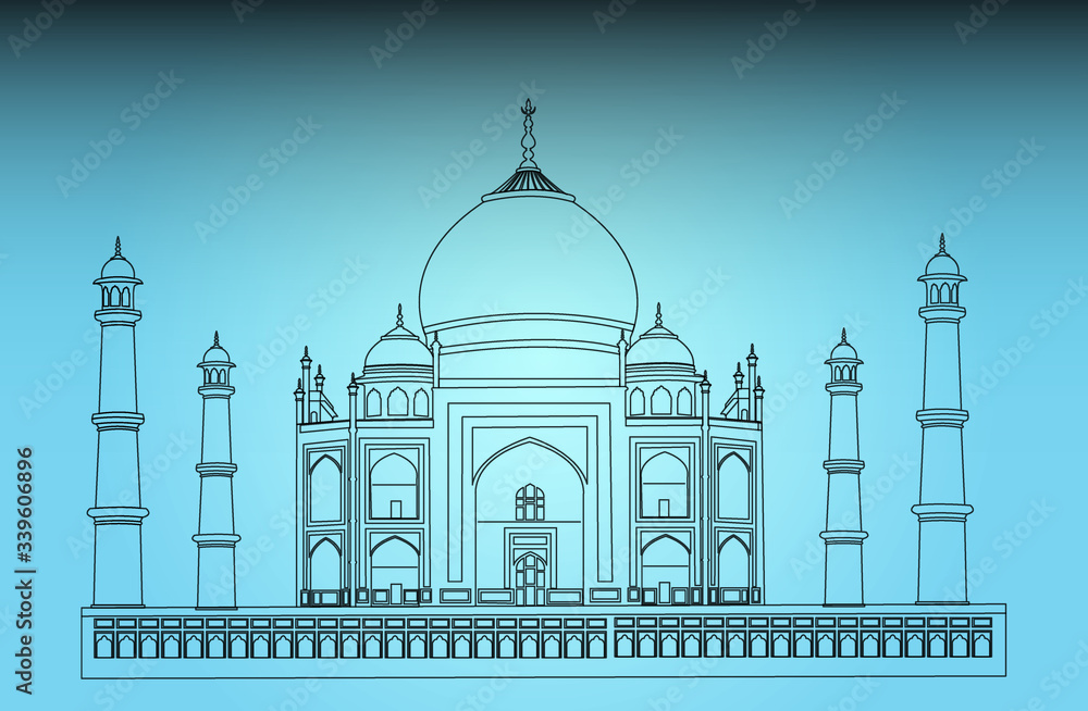 Taj Mahal of India using black lines on blue background