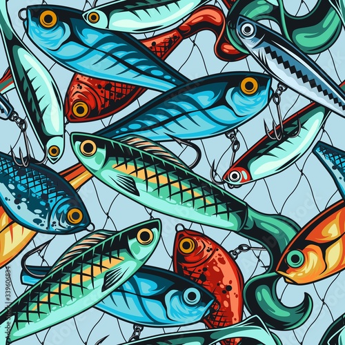 Colorful fishing baits seamless pattern
