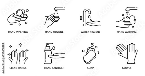 Hygiene hand washing. Vector set of dessert icons. Editable Stroke. Wash hands with soap and water, antiseptic, gloves.