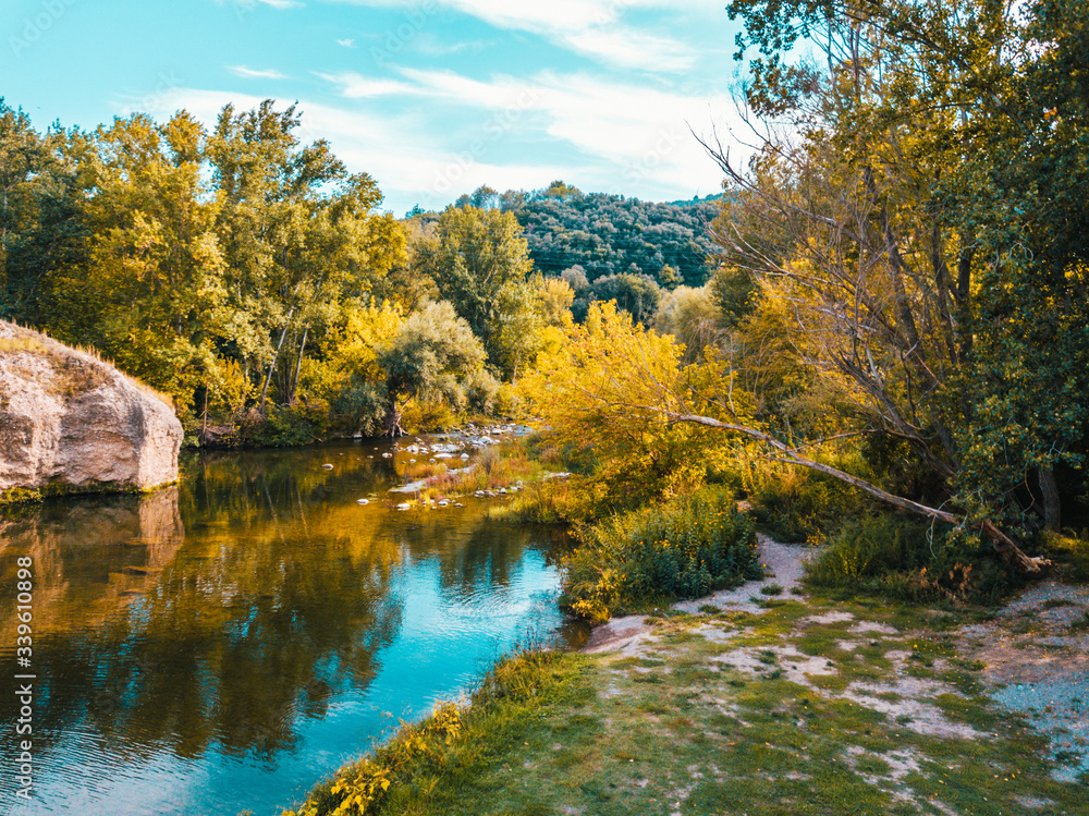 A stream between the mountains of the Pyrenees runs through a riverside forest. A stream between the mountains of the Pyrenees runs through a riverside forest.