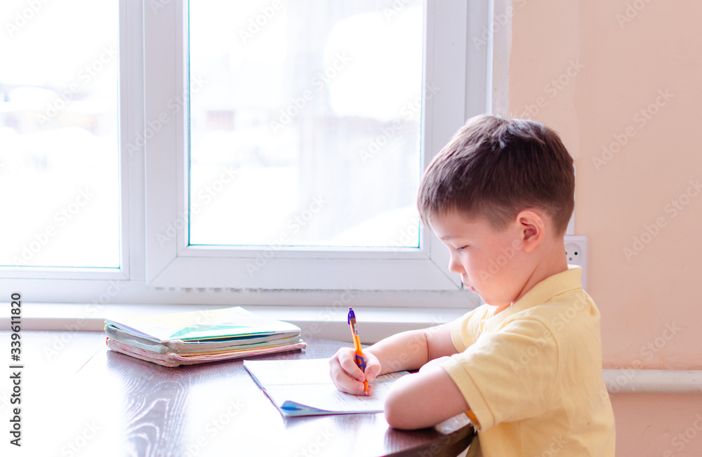 Asian child boy student in medical face mask homework online lesson at home, epidemic Coronavirus, MERS-CoV, 2019-nCoV, quarantine, Covid-19 self-isolation, online education, home schooling Asian child boy student in medical face mask homework online lesson at home, epidemic Coronavirus, MERS-CoV, 2019-nCoV, quarantine, Covid-19 self-isolation, online education, home schooling