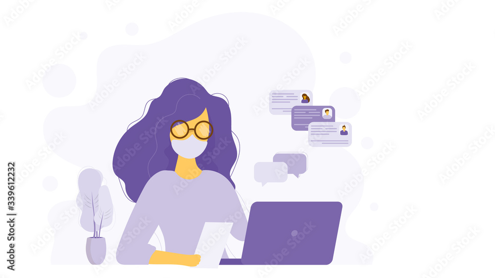 Girl in a protective mask works on a laptop. Flat style. Good for image work, office, hiring staff. Vector illustration Girl in a protective mask works on a laptop. Flat style. Good for image work, office, hiring staff. Vector illustration