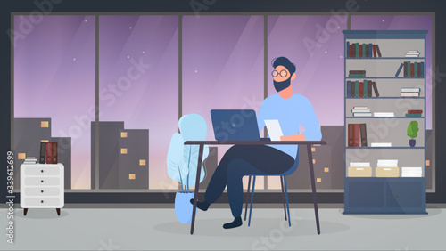A guy with glasses sits at a table in his office. A man works on a laptop. The concept of finding people to work, view vacancies and resumes. Vector.