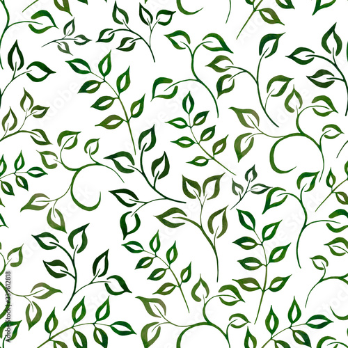 Watercolor dark-green leaves on a white background with splashes, drops. Seamless pattern. Hand-painted texture. Watercolor stock illustration. Design for backgrounds, wallpapers, textile, covers.