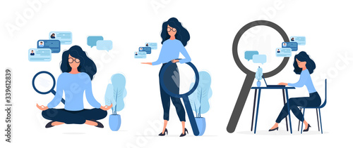 Set of business girls. Recruitment Specialist. Vacancy, resume. Suitable for design on the topic of job search and workers. Isolated. Vector.