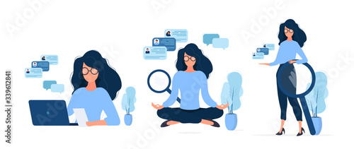 Set of business girls. Recruitment Specialist. Vacancy, resume. Suitable for design on the topic of job search and workers. Isolated. Vector.