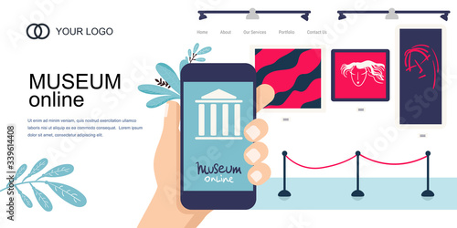 Landing Page Template. Interactive museum exhibition. smartphone. Virtual Museum online Art Gallery Tours in Smartphone. Online Tours. Vector flat concept. phone in hand