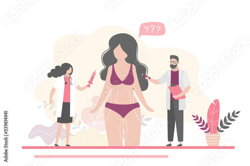 Plastic surgery or liposuction. Tummy tuck concept banner. Doctors  and woman patient.