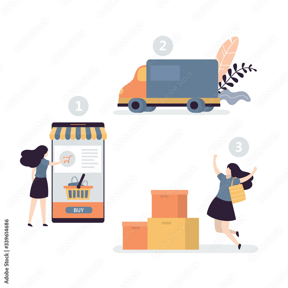Stages of buying goods in online store. Female character order and buy products in mobile app.