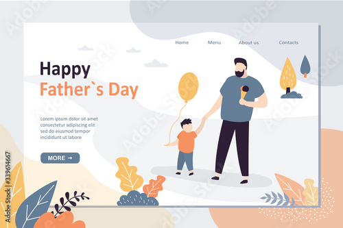 Fototapeta Naklejka Na Ścianę i Meble -  Happy father day landing page template. Dad spends time with son. Family activities concept.