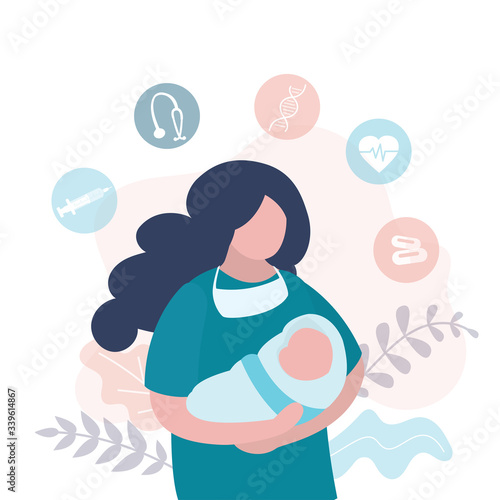 Obstetrician holds a newborn baby in her arms. Nurse holding child. Female doctor in uniform. Medical icons or signs. photo