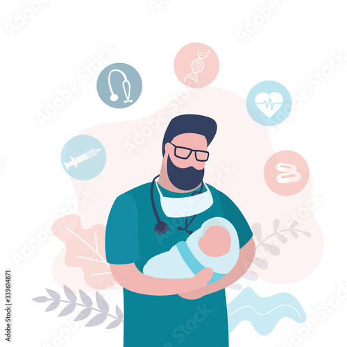 Handsome male doctor holds a newborn baby in her arms. Accoucheur in uniform holding child