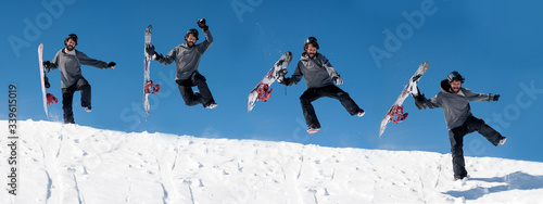 Valokuva Time-lapse funny snowboarding jump sequence