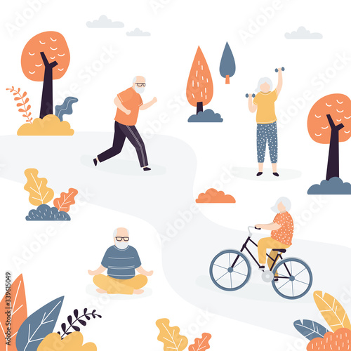 Group of elderly people making sport activity in park. Old woman cycling and fitness outdoors.