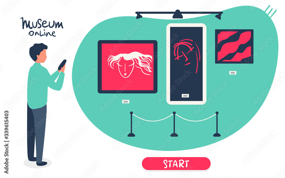 Naklejka premium man holds phone, visit online museum, gallery, watches paintings. Interactive museum exhibition. smatphone. Virtual Museum online, Art GalleryTours in Smartphone. Online Tours. Vector flat concept