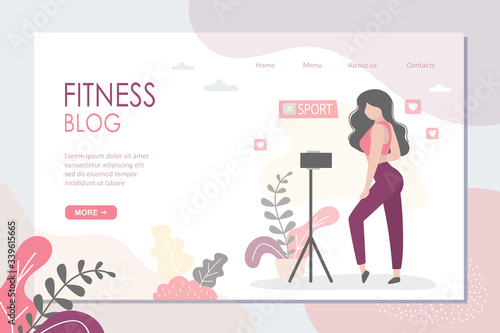 Fitness blog landing page template. Athletic girl makes blog about healthy and sport lifestyle.