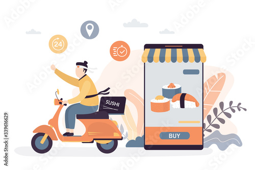 Internet order of sushi. Traditional asian food. Smartphone with food order service application.