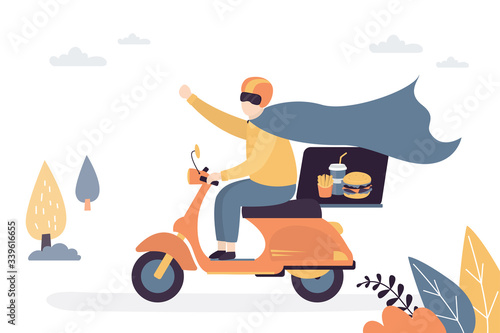 Funny delivery man ride motorbike. Courier dressed as a superhero. Fast delivery concept background. Internet order of fast food.