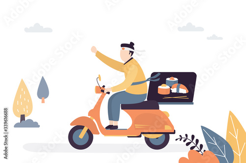 Funny delivery man ride motorbike. Courier dressed as samurai. Fast delivery concept background. Internet order of sushi.