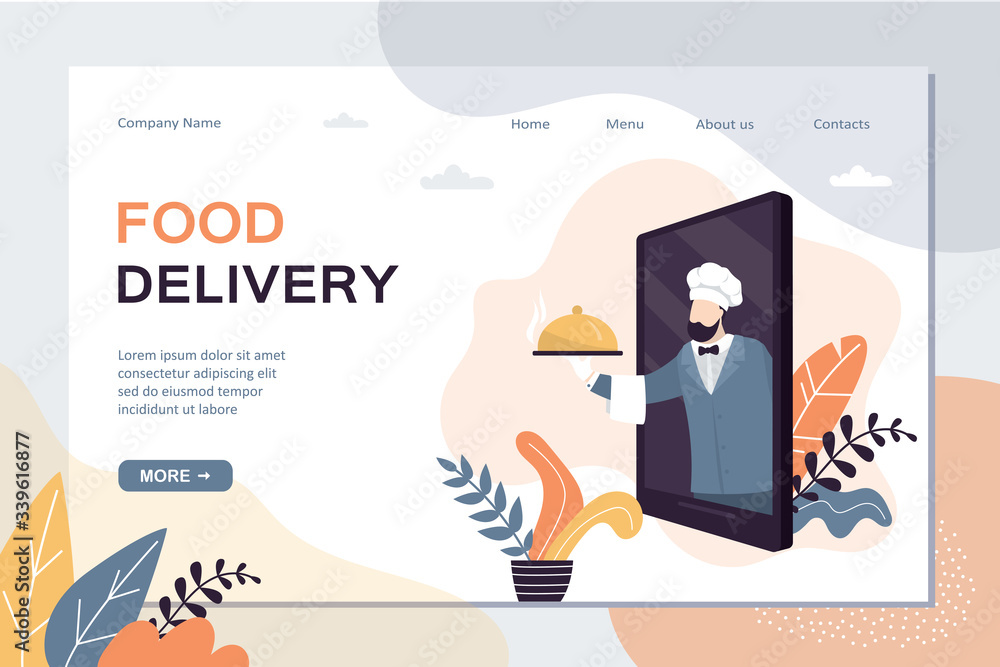 Food delivery landing page template. Order and delivery of food from restaurant or cafe.