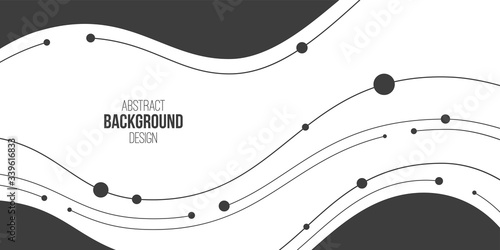 Abstract background, poster, banner. Composition of amorphous forms, dynamic waves, lines and dots. Vector monochrome illustration in flat style.