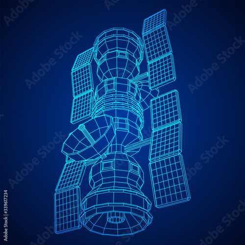 Space station communications satellite. Wireframe low poly mesh vector illustration.