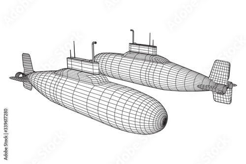 Military atomic submarine underwater boat. Wireframe low poly mesh vector illustration