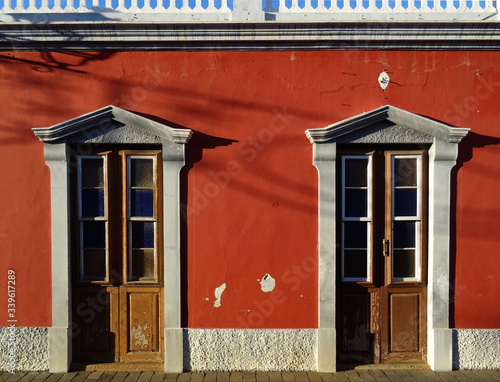 Traditional colonial facade with two doors in the village of Tijarafe. North of La Palma Island. Canary Islands. Spain. 