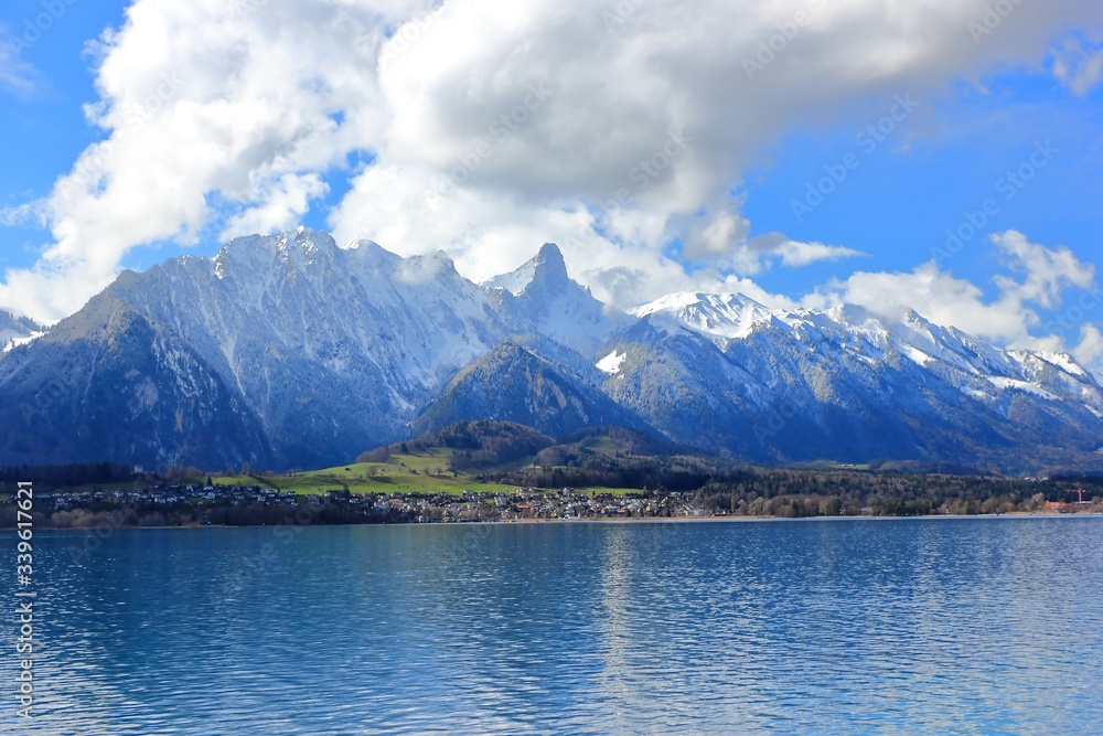 View of Bernese Alps from Oberhofen, located on the northern shore of Lake Thun. Switzerland, Europe.