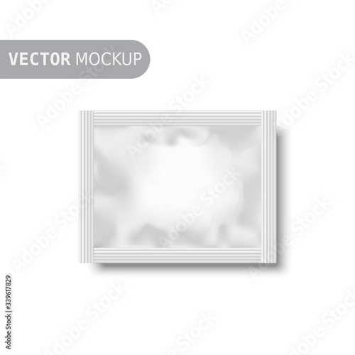 White matte paper sachet. Photo-realistic packaging mockup template. Vector 3d illustration.