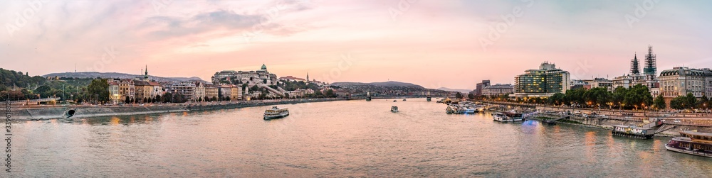 Colorful sunset over the Banks of the River Danube, in Budapest, capital city of Hungary