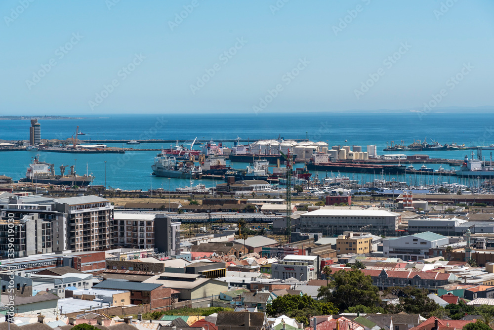 Cape Town, South Africa. 2019. An overview of Cape Town Harbour, port, housing and industrial property on the foreshore.