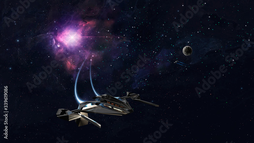 Space background. Spaceship fly in colorful nebula with planet. Elements furnished by NASA. 3D rendering