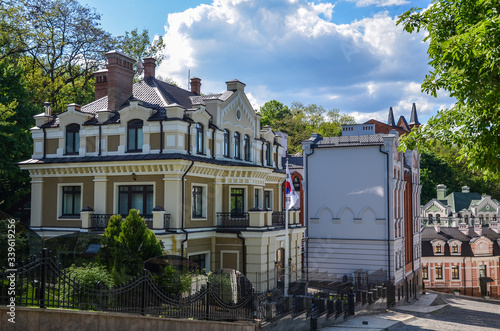 Vozdvizhenska elitte district and Honcharna street. Beautiful Colorful house in the historic part Podol, Kiev Ukraine photo