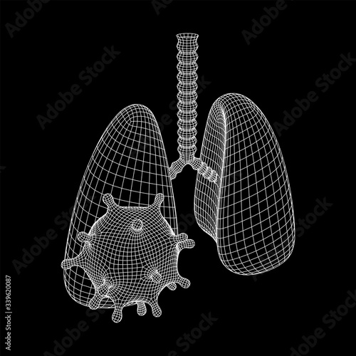 Corona Virus and Lungs with trachea bronchi internal organ human. Covid virus pulmonology medicine science concept. Wireframe low poly mesh vector illustration.